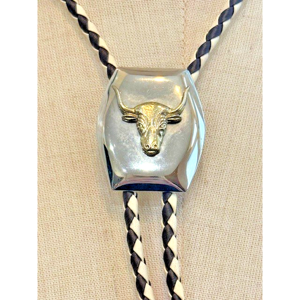 Vintage Silver & Gold Tone Longhorn Bull Western Rockabilly 17" Braided Bolo Tie